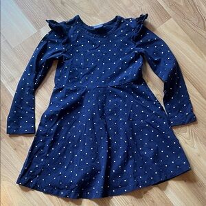Navy Blue and Gold Polka Dot Kids Dress with ruffle shoulder